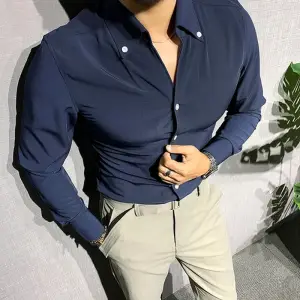 Long-Sleeved Slim Shirts Men Solid Color V-Neck