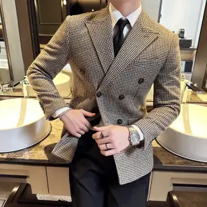 British Style Double Breasted Tuxedo Plaid Blazer Jackets