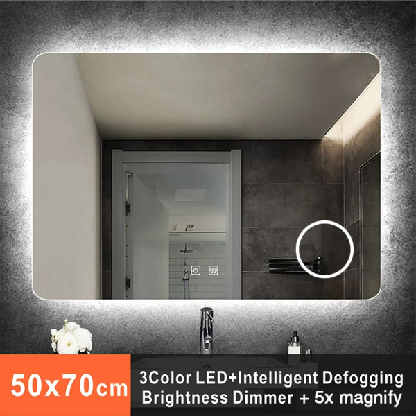 Smart Rectangle Bathroom Mirror with LED Lights – Anti-Fog & 5X Magnification