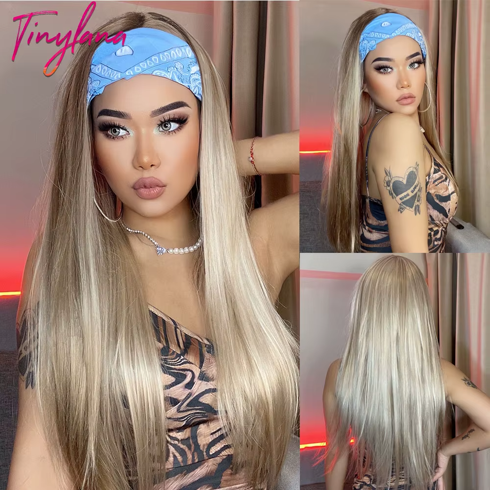 Chocolate Brown Mixed Golden Blonde Long Straight Synthetic Women'S Headband Wigs Bohemian Hair for Black Women Fake Hair